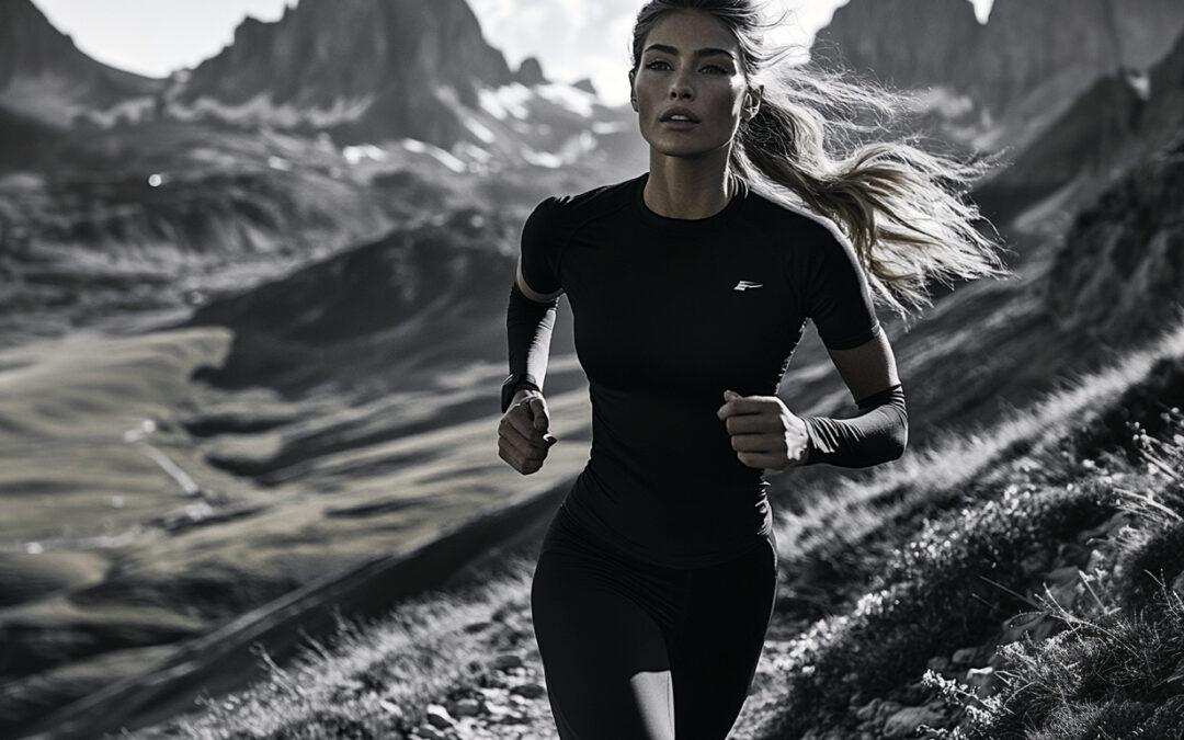 A runner moving through a dramatic mountain landscape
